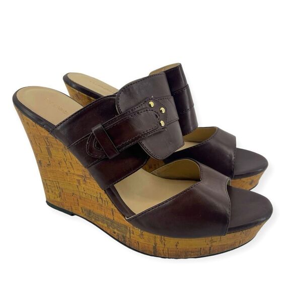 Liz Claiborne Women’s Brown Faux Leather Slip-On Platform Wedge Sandals Size 9 - Picture 1 of 16